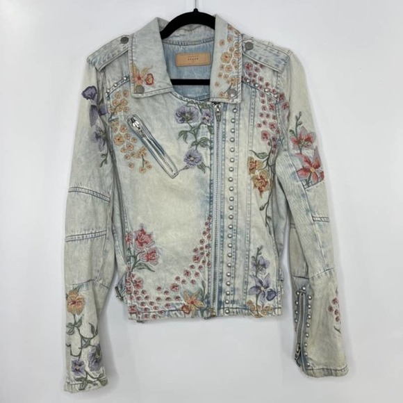 Blank NYC M The Sitting Pretty Embroidered Denim Moto Jacket Floral - Picture 2 of 6